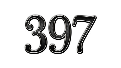 black metal 3d design of number 397 on white background.