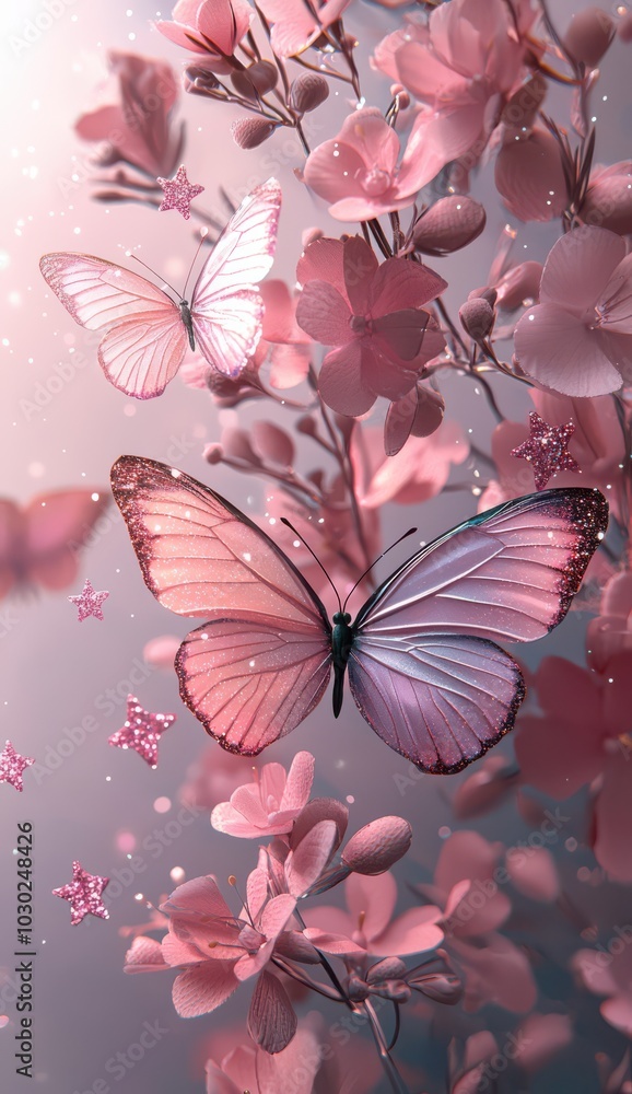 Poster soft pink background with sparkling butterflies and delicate flowers creating a dreamy and enchantin