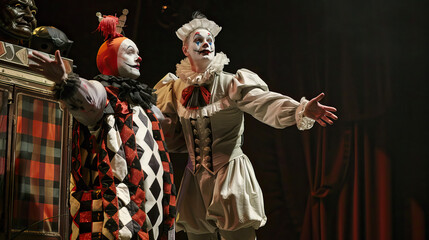Two Circus Clowns Performing on Stage in Colorful Costumes Under Dramatic Lighting