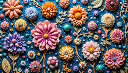 A colorful floral design with a blue background