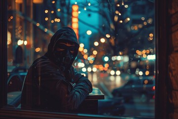 Obraz premium A hooded individual lurks by a window, suggesting a potential robbery in progress on a bustling city street at night