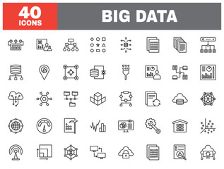 Set of 40 line icons big data. Outline icon collection. Editable stroke. Vector illustration.