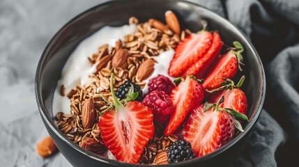 Bowl of Granola with Yogurt, Strawberries, Raspberries, and Almonds
