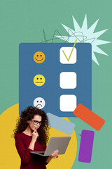 Vertical photo collage of minded client girl put mark evaluation smiley checkbox hold laptop text...