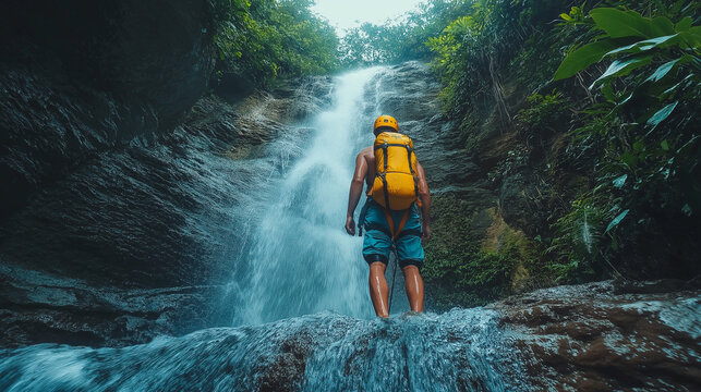 Exciting canyoneering adventure, rappelling down waterfall