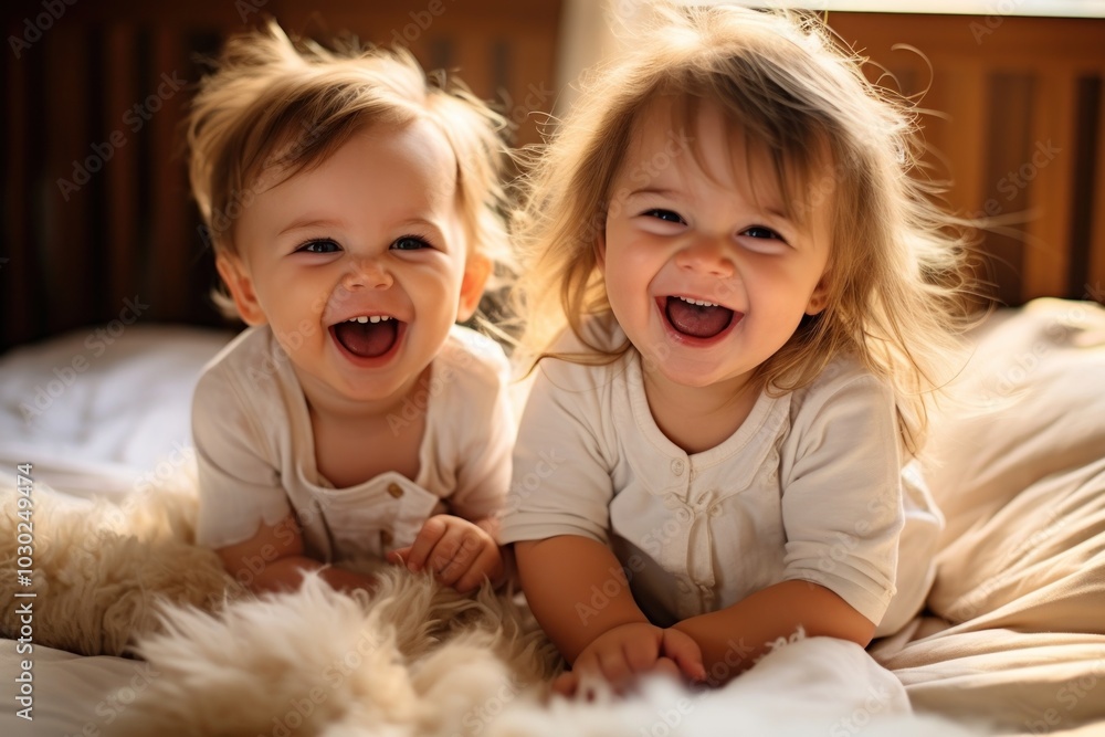 Wall mural 2 smiling cute babies laughing bedroom child.