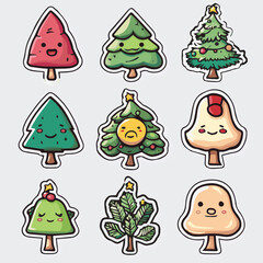 Fototapeta premium Vector sticker emoji set of Cartoon funny christmas tree