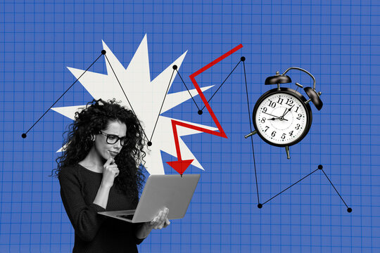 Composite artwork image photo collage of workspace office trader young lady loss money crisis work laptop think plan clock time arrow down