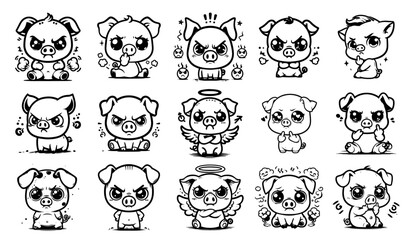 cartoon style pigs with angry expressions and halo wings set black vector
