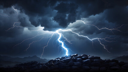 Dramatic Blue Lightning Bolt Shatters the Darkness in a Striking Night Sky