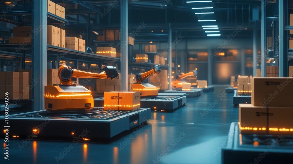 Poster robotic arms skillfully maneuver packages within a high-tech warehouse, illuminated by artificial li