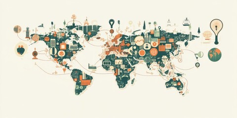 Illustrated World Map with Iconographic Landmarks and Connections