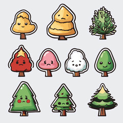 Vector sticker emoji set of Cartoon funny christmas tree