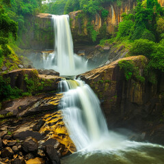 Fototapeta premium A majestic waterfall cascading down multiple levels of rocky terrain surrounded by lush green trees in a tropical forest