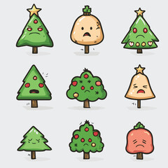 Vector sticker emoji set of Cartoon funny christmas tree