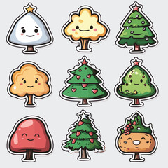Vector sticker emoji set of Cartoon funny christmas tree