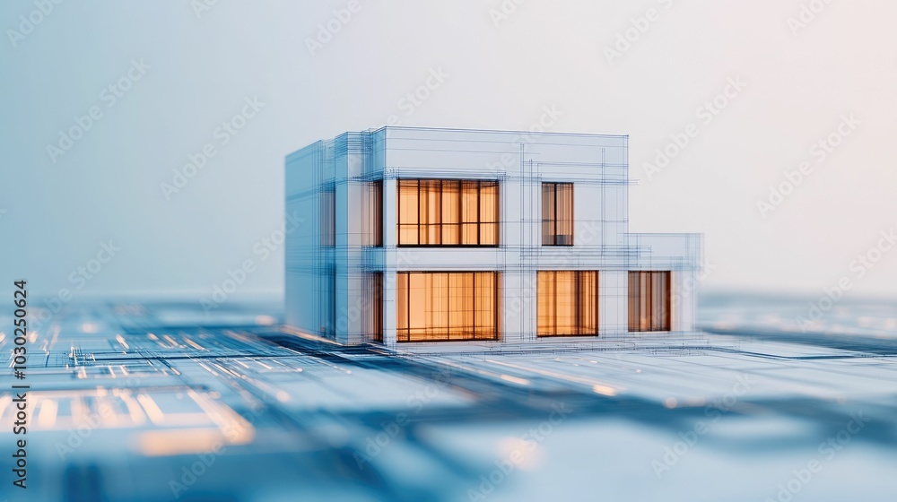 Poster futuristic architectural design showcasing a modern minimalist building with a glass facade and opti