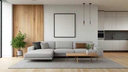 AI powered interior design software creates a sleek and contemporary living room arrangement with a gray sectional sofa wooden coffee table and lush potted plant