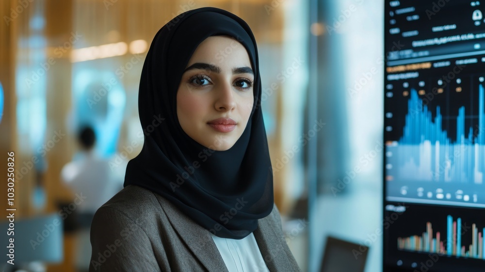 Poster a young professional wearing a hijab stands confidently in a sleek office, engaged in presenting dat