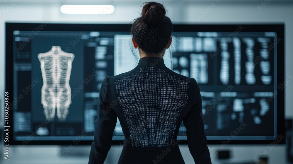Poster fashion designer utilizing advanced technology to innovatively experiment with virtual fabrics style