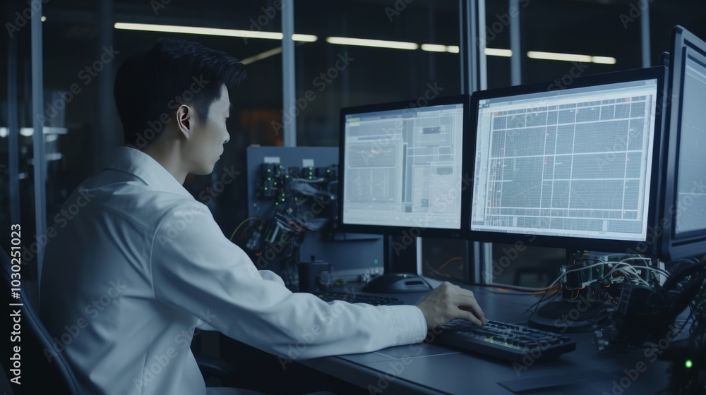 Poster manager overseeing automation system in control room