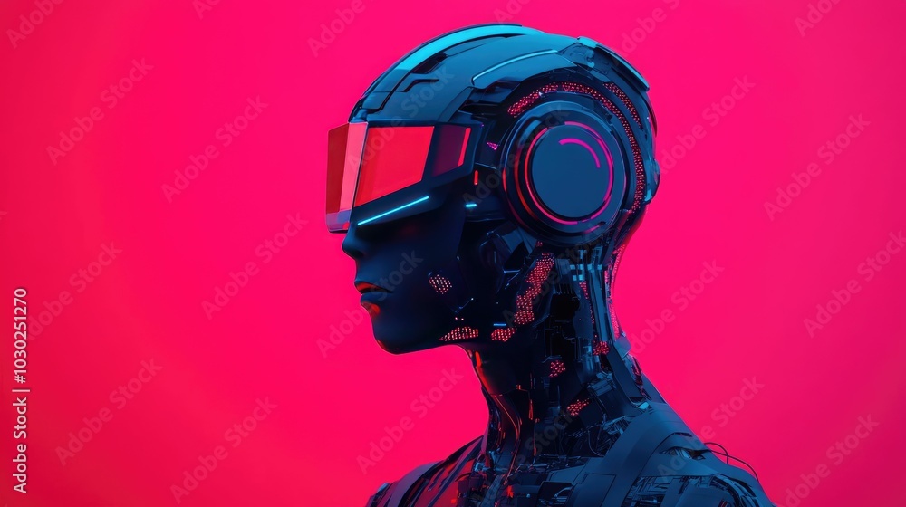 Poster futuristic cyborg figure wearing a virtual reality headset exploring dynamic and adaptive digital de