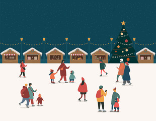 Christmas market at snowy night. Kiosks of gifts, food and hot drinks. Happy people having fun on the ice rink Banner or poster design with copy space. Flat vector illustration