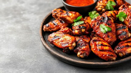 Grilled chicken wings marinated in a sweet and spicy glaze served on a rustic platter  The wings are cooked to perfection with a crispy exterior and juicy interior