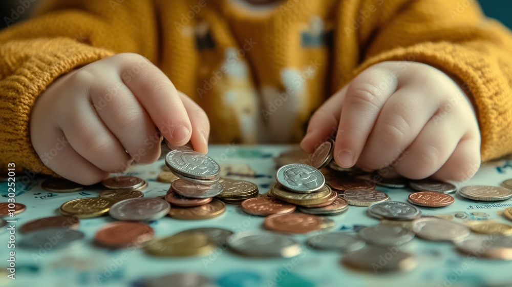 Poster child's hands sorting through various coins on a table.