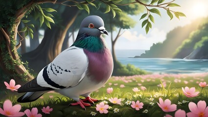 A gorgeous pigeon with a beautiful scneary