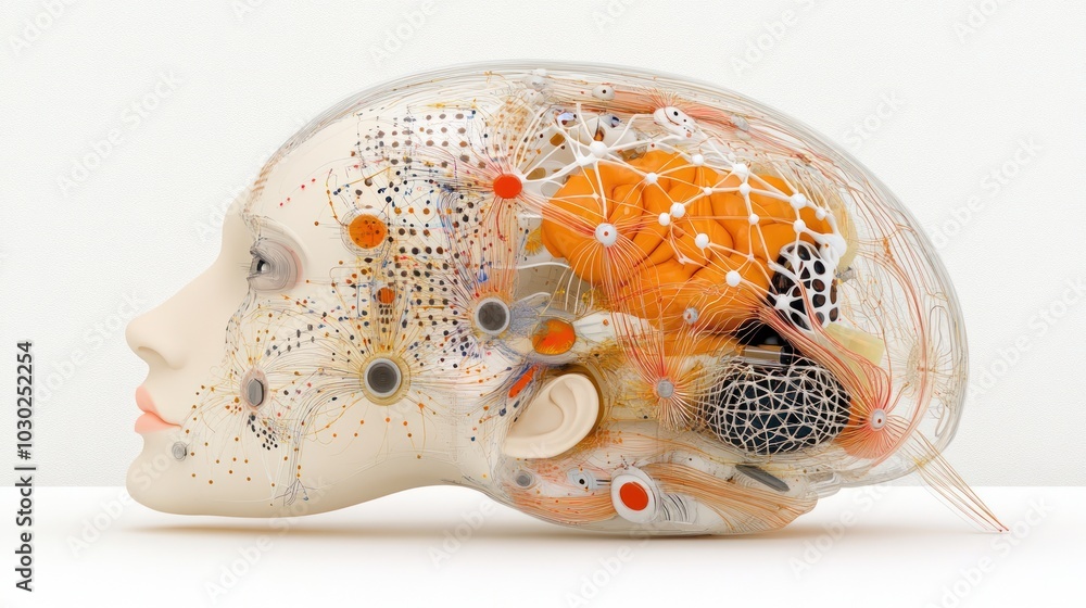 Poster abstract representation of a brain with neural connections and patterns.
