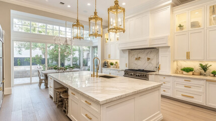 A new luxury kitchen with a bright, airy feel, featuring a large island with marble countertops, pendant lights, and custom white cabinetry with gold accents.