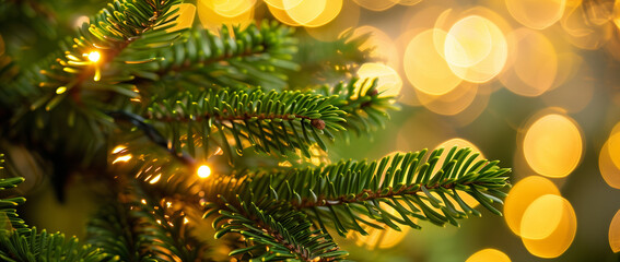 Lush green pine branches with sparkling golden bokeh create a natural holiday background for the Christmas season. 