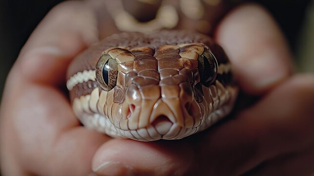 A close-up view of the face and body of a pet pygmy python held by its owner in a rural Australian home.