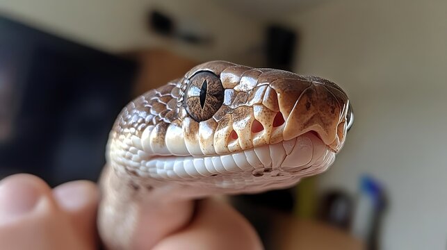 A close-up view of the face and body of a pet pygmy python held by its owner in a rural Australian home.