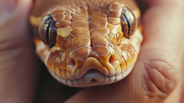 A close-up view of the face and body of a pet pygmy python held by its owner in a rural Australian home.