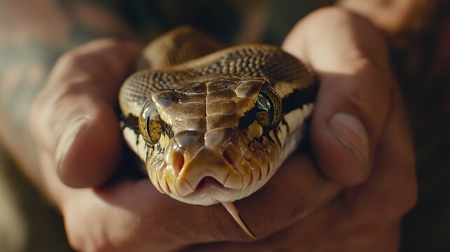 A close-up view of the face and body of a pet pygmy python held by its owner in a rural Australian home.