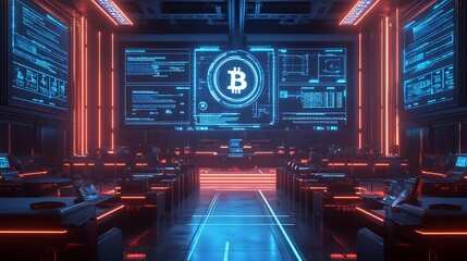 Obraz premium A futuristic courtroom trial focusing on cryptocurrency fraud, holographic evidence of blockchain transactions, bitcoin theft, and financial laws displayed mid-air,