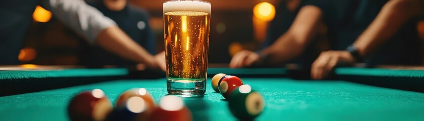 A beer glass sits on a green pool table surrounded by people, creating a lively atmosphere perfect for socializing and gaming.