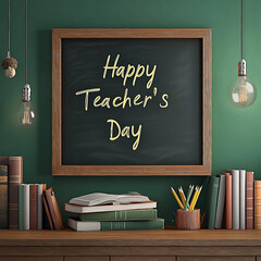 Happy Teacher's Day Blackboard with Books and Pencils on Wooden Desk