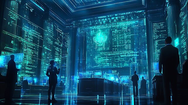 A futuristic courtroom where AI algorithms are evaluating intellectual property infringement, holographic representations of copyrighted digital art and patents,