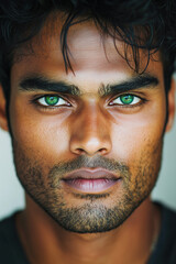 Fototapeta premium Portrait close up of a young and handsome Indian man with green eyes