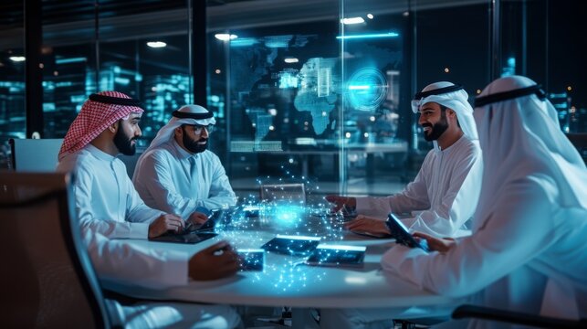 A group of professionals is engaged in a business meeting at a sleek, modern office in Dubai