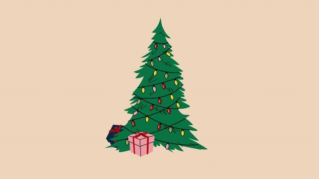 Animation  Christmas tree with gift boxes and toys. Video flat cartoon animation design element. 4K video footage, alpha channel