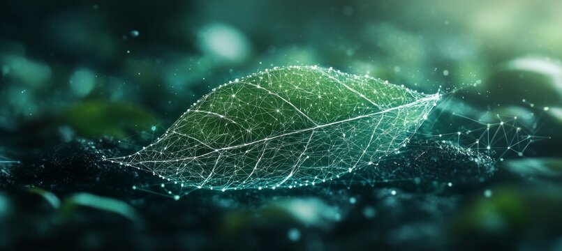 Abstract Sustainability Digital Leaf on Green Technology Background with Lines, Dots, and Triangles