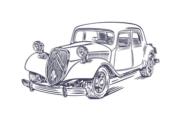 Classic retro car Citroen Traction Avant sketch. The car is a vintage model and is drawn with ink. The car has a unique design and is a symbol of elegance and sophistication. Vector
