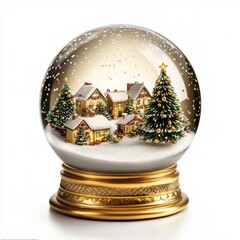 Gold snow globe with small Christmas houses on white background isolated