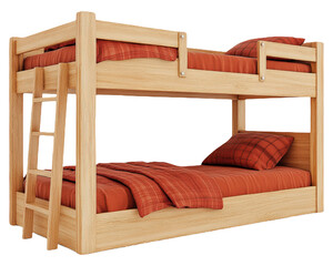 Light Wood Bunk Bed with Bold Red Plaid Bedding and Ladder.