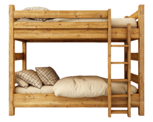 Rustic Wooden Bunk Bed with Ladder and Cozy Bedding.