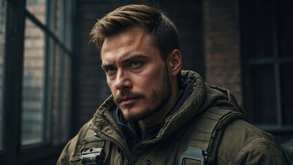 Fototapeta premium Man with short hair and a beard wearing a jacket, looking intently with a serious expression in an urban setting 